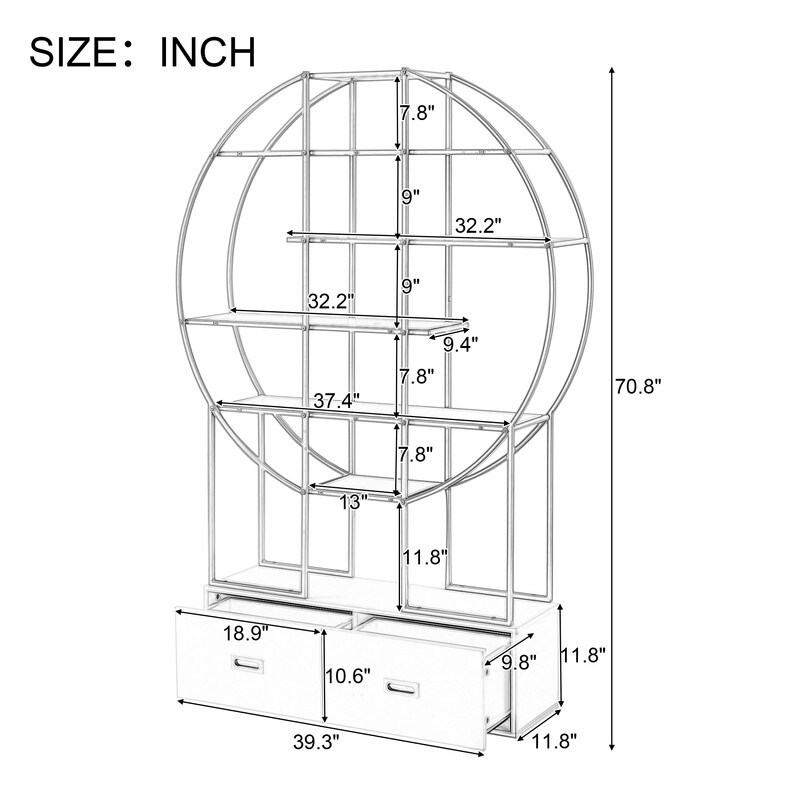 70.8 Inch Gold Frame Round Bookcase Office Bookshelf with Two Drawers