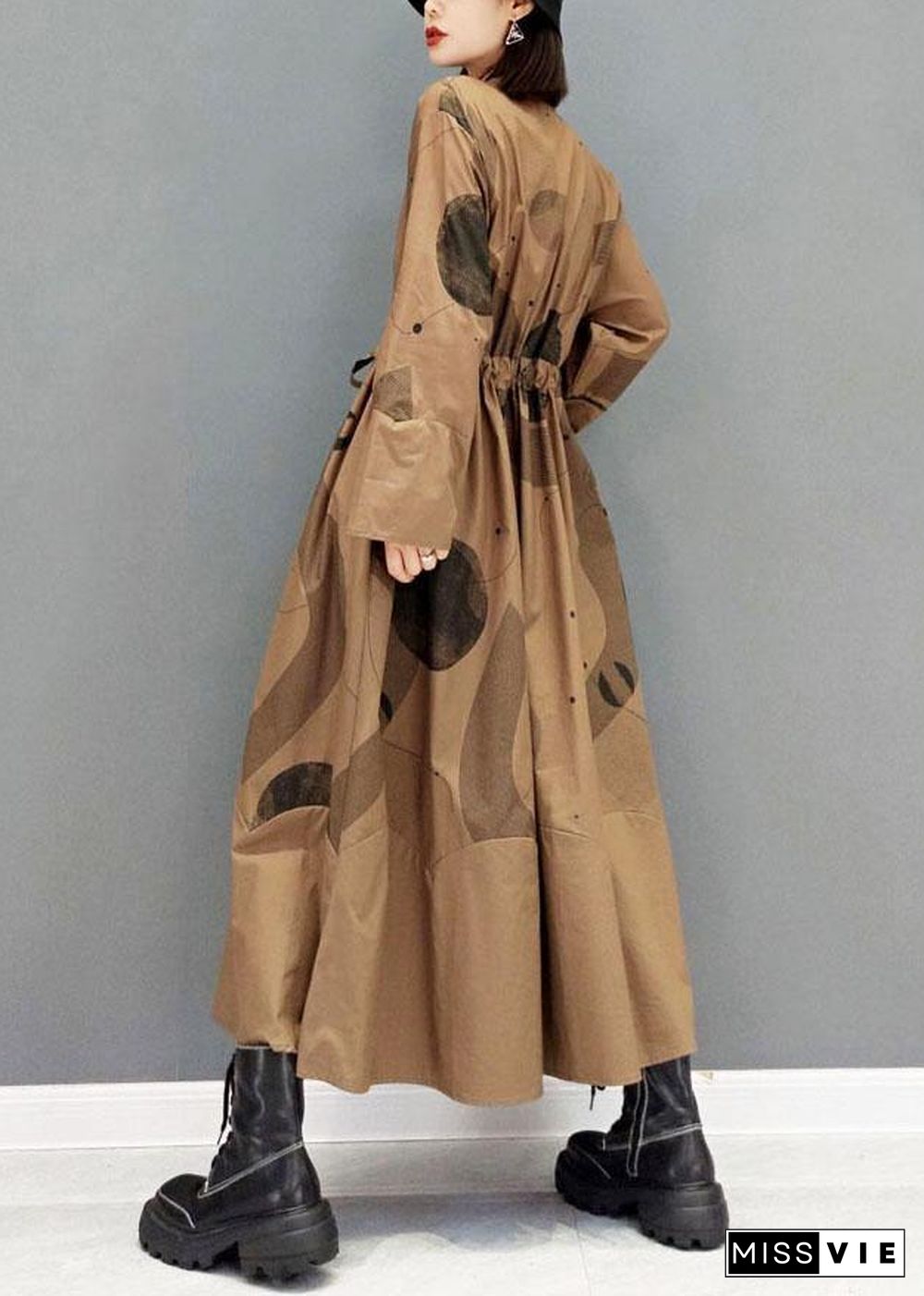 Comfy Brown Pockets Tie Waist Fall Long Sleeve Dresses