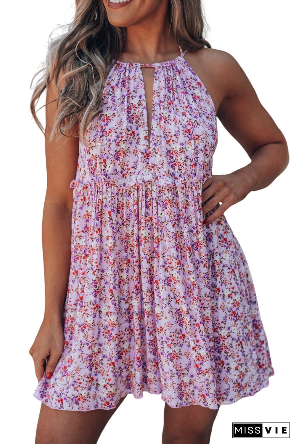 Purple Sleeveless Front Cut-out Backless Floral Dress