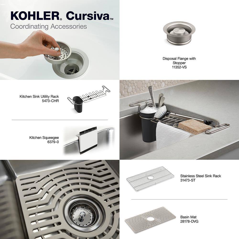 KOHLER Cursiva All-in-One Stainless Steel 33 in. Single Bowl Drop-In or Undermount Kitchen Sink with Faucet K-RH28174-1PC-NA