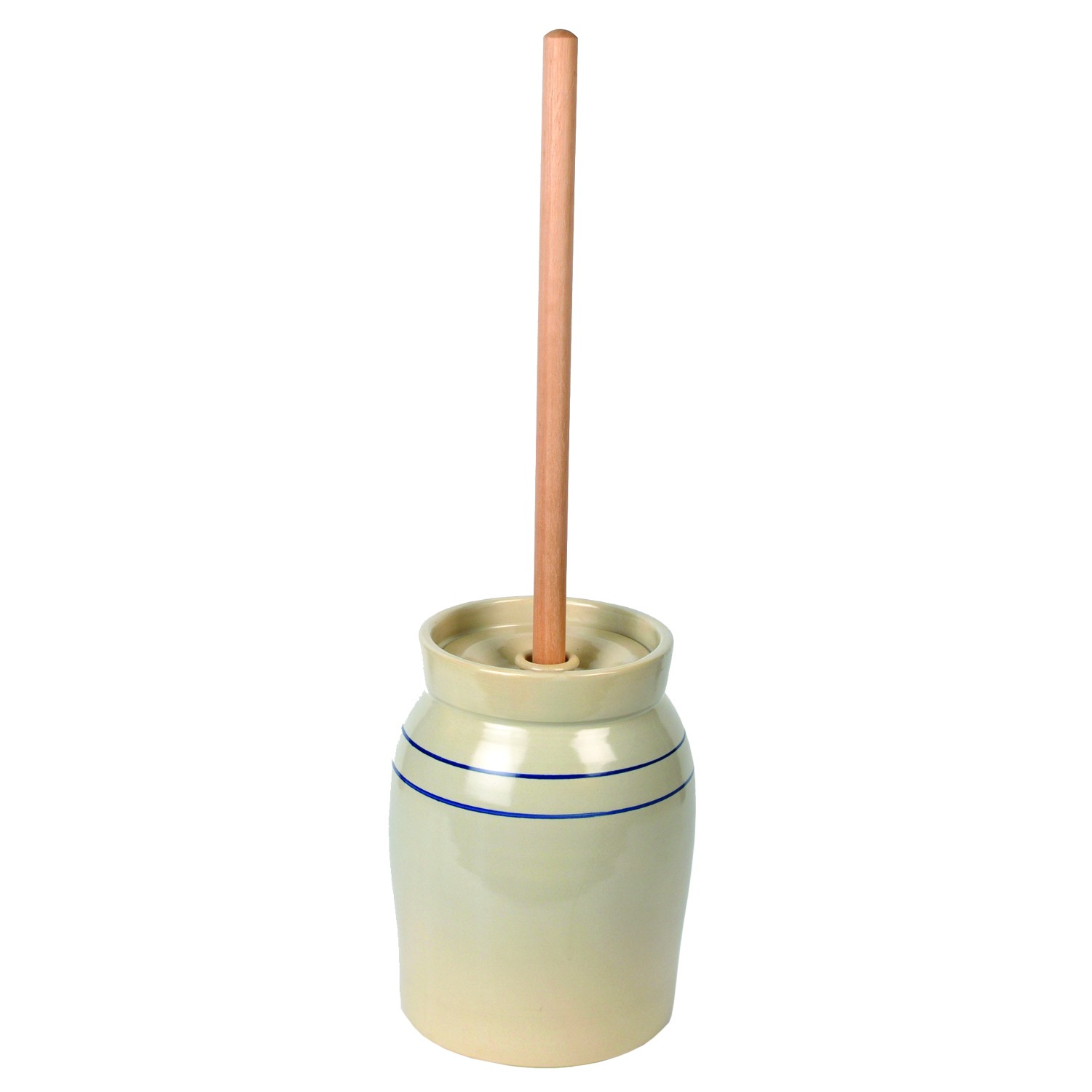 Martinez Pottery Butter Churn - Hand-Turned Stoneware Dasher-Style Churn， Natural Stone Color with Blue Stripes， 2 Gallon