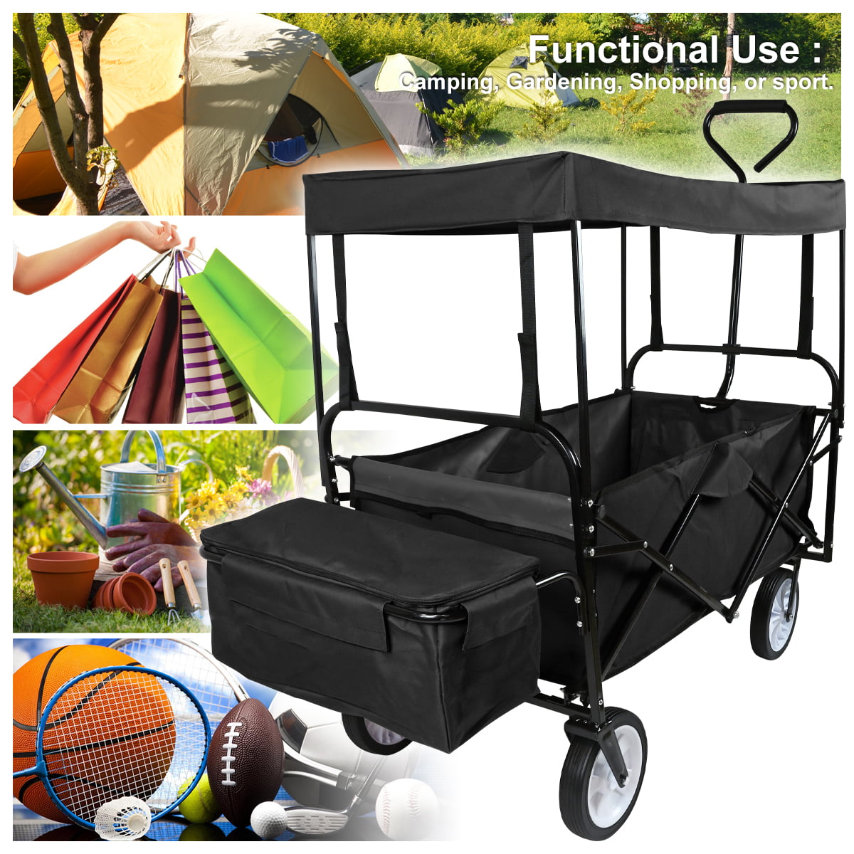 Geniqua Black Utility Collapsible Folding Wagon Cart w/Canopy Garden Beach Toy Sport Buggy