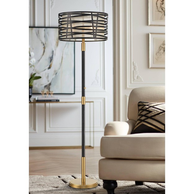 Tall Matte Black Warm Gold Metal Double Drum Shade For Living Room Bedroom Office