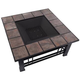 Pure Garden 32 in. Steel Square Tile Fire Pit with Spark Screen and Poker M150121