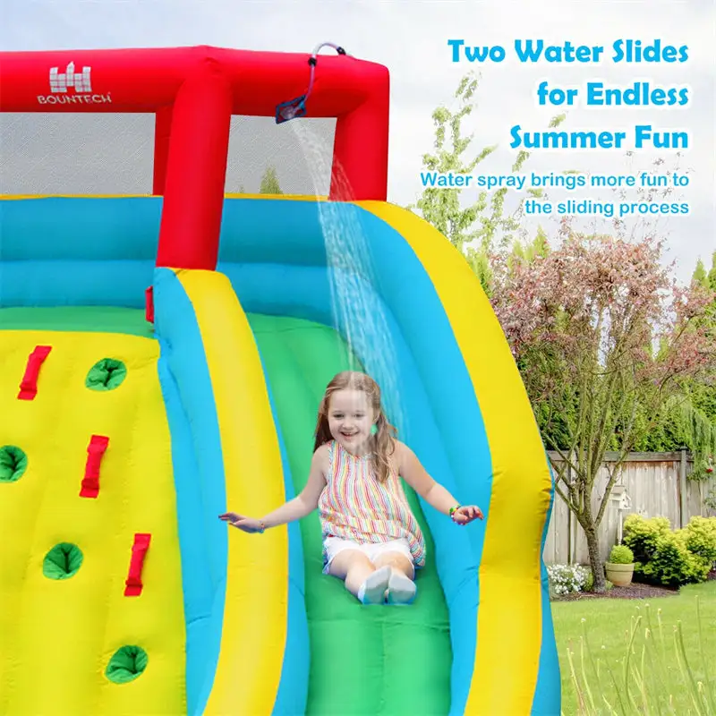 Outdoor Double Side Inflatable Water Slide Park with Large Climbing Wall & 750W Air Blower