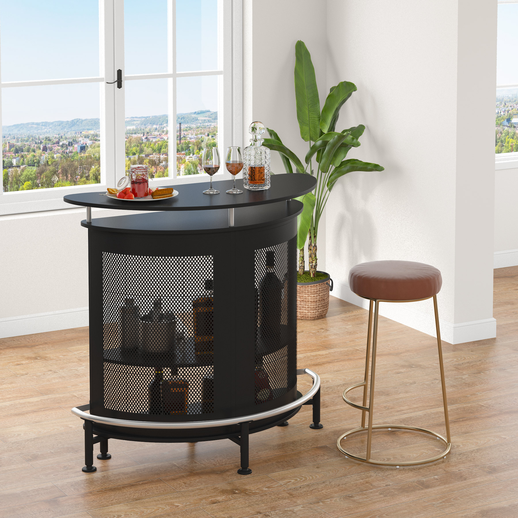 Tribesigns Bar Unit with Metal Mesh Front， Modern Home Liquor Bar Table with Wine Glass Holders Storage and Footrest， Ideal for Home/Kitchen/Bar/Pub