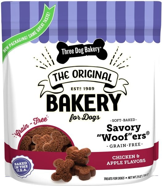 Three Dog Bakery Soft Baked Savory Woofers Chicken and Apple Flavor Grain-Free Dog Treats