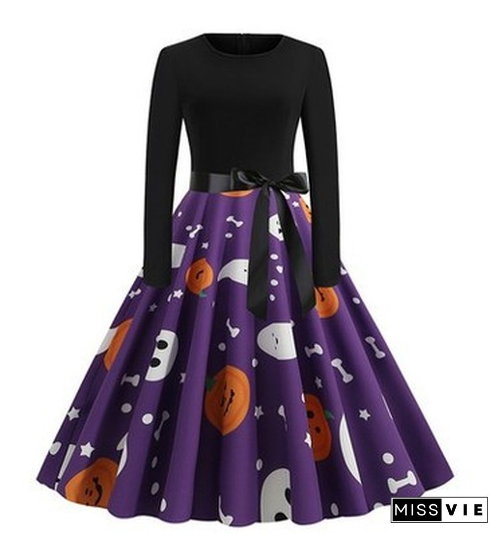 Halloween Print Stitching Long-Sleeved Big Dress