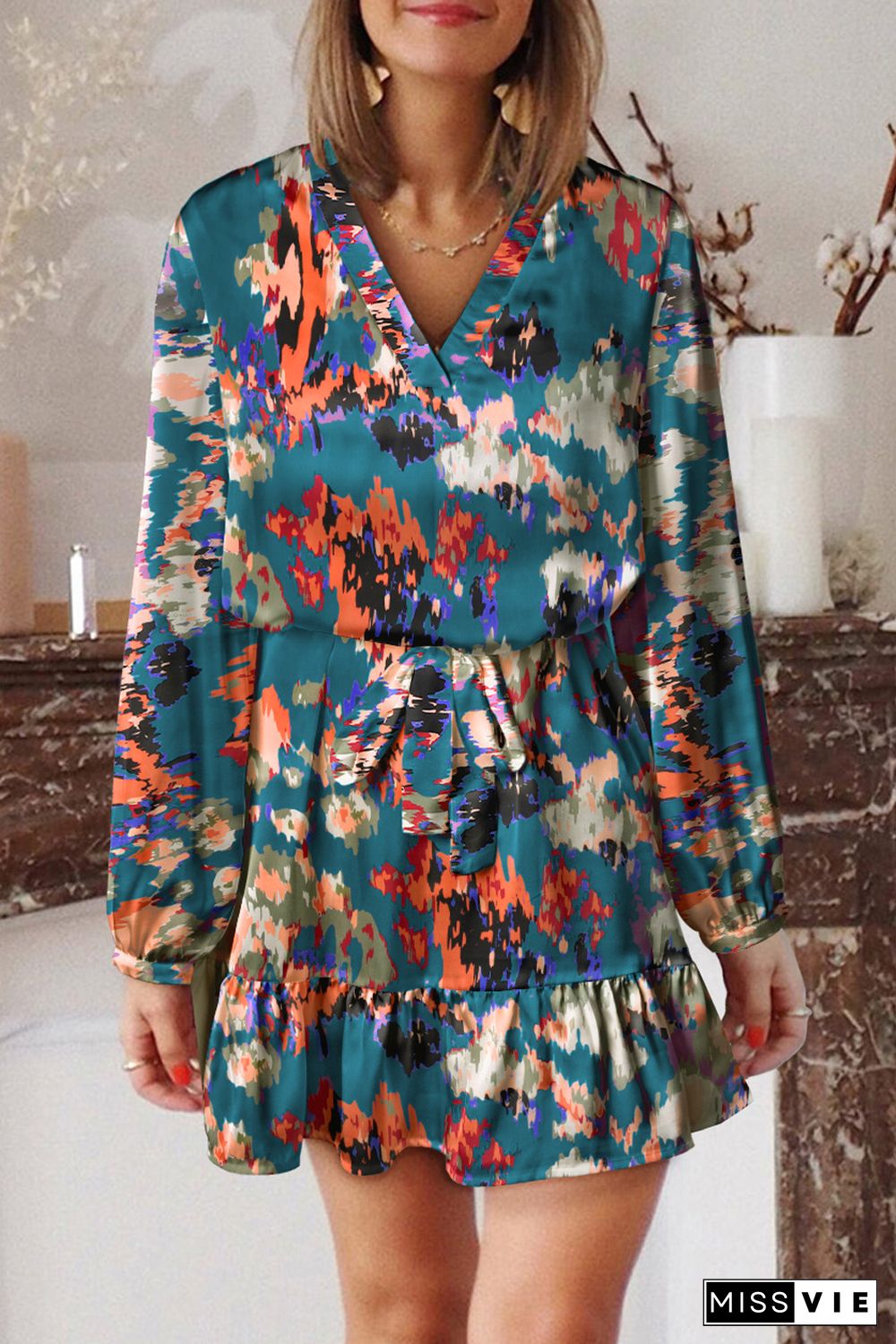 Blue Abstract Print Ruffled Drawstring High Waist Mini Dress