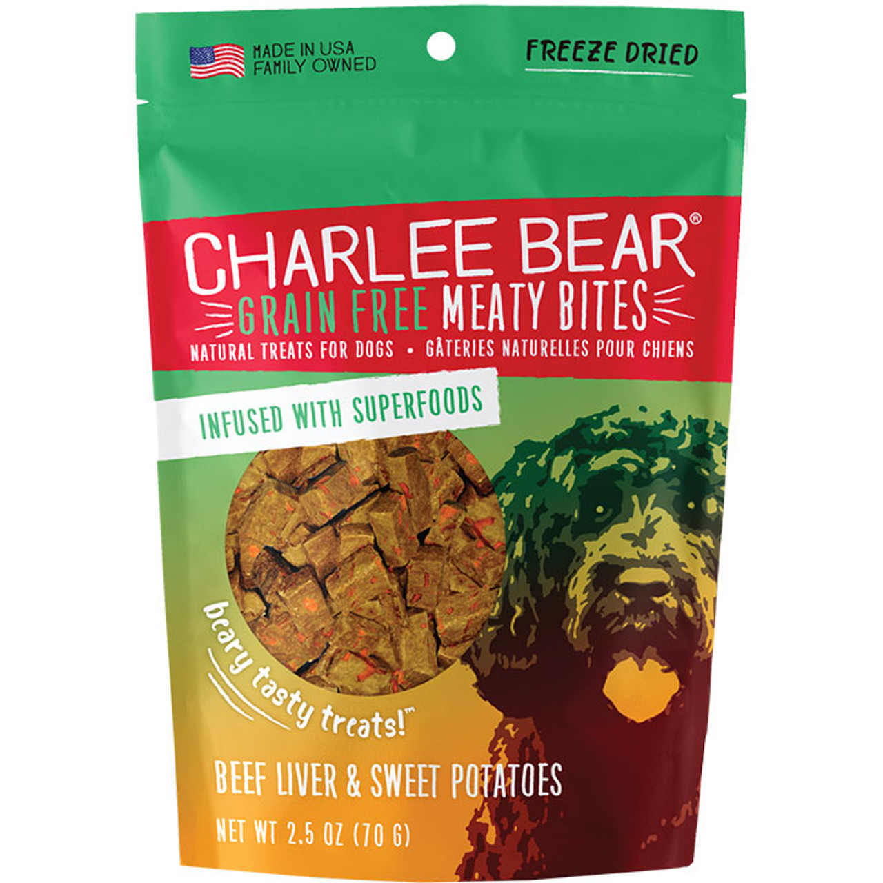 Charlee Bear Grain Free Meaty Bites Beef Liver and Sweet Potato Dog Treats， 2.5 Oz. Bag