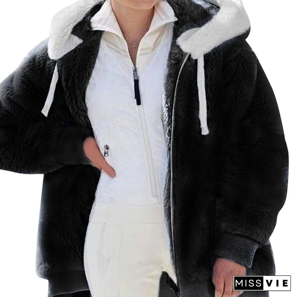 Women Winter Jacket Oversized Fashion Casual Stitching Clothes Hooded Zipper Ladies Lamb Hair Coat  Plus Size XS-5XL