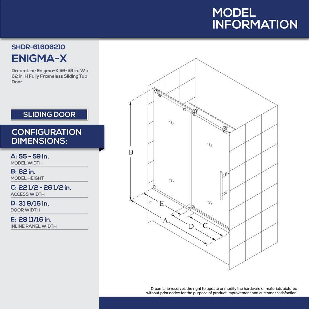 DreamLine Enigma-X 55 to 59 in. x 62 in. Frameless Sliding Tub Door in Polished Stainless Steel SHDR-61606210-08