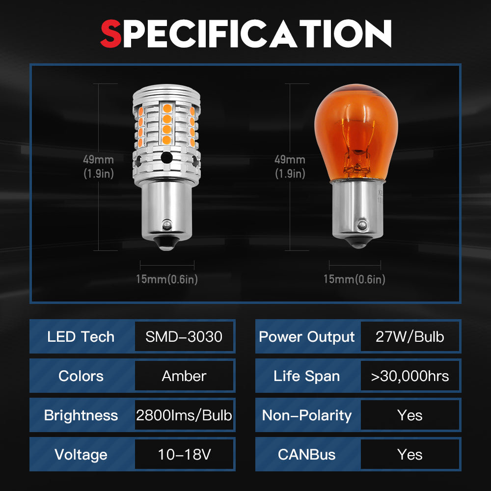 VEHICODE 1156 7506 LED Bulb Amber Yellow CANBus Error Free with Built-in Resistor Turn Signal Tail Brake Light 1156A 1156NA 1295NA P21W BA15S Bayonet 12V Car Motorcycle Lamp Replacement (2 Pack)