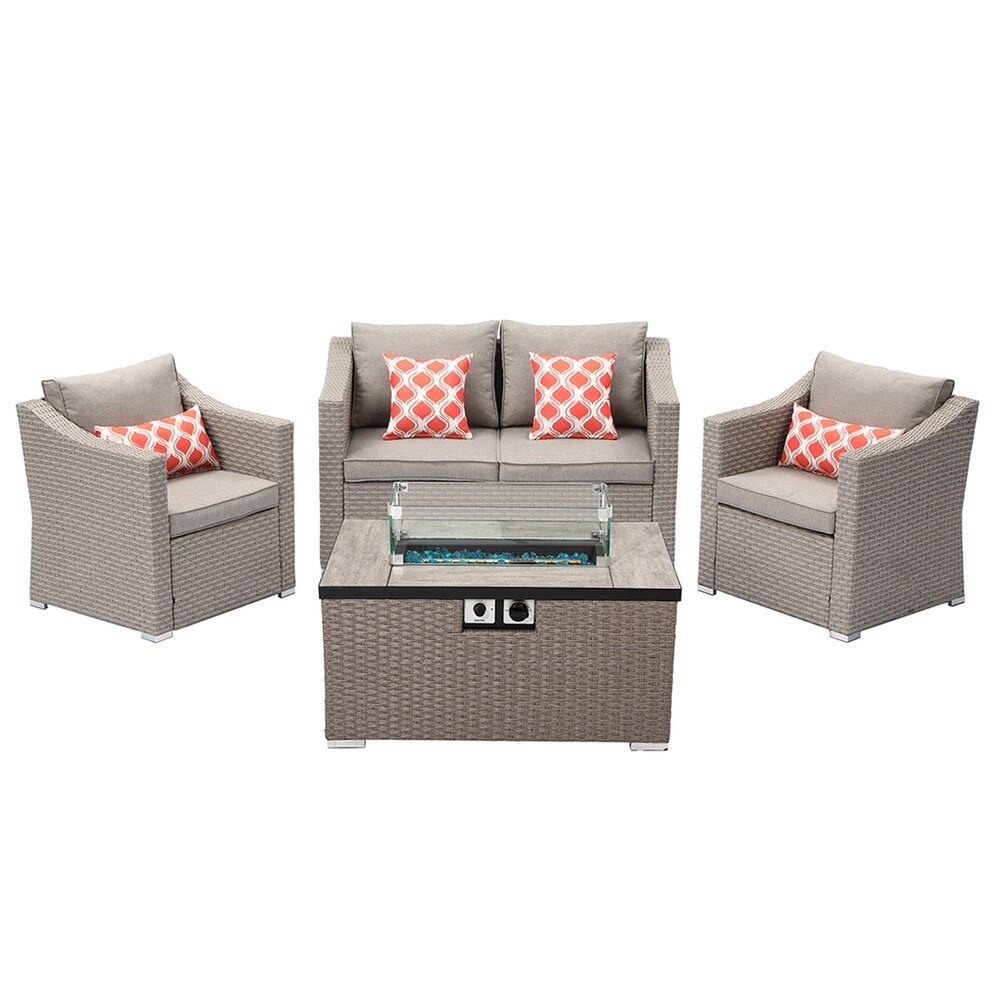 COSIEST Outdoor 4 Piece Patio Wicker Conversation Sofa with Fire Table Tank Outside