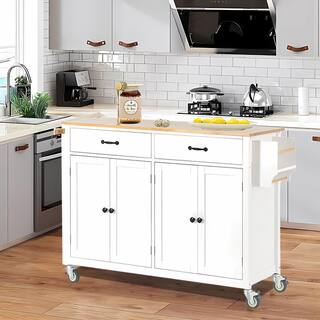 White Solid Wood Top 54.3 in. W Kitchen Island on 4-Wheels with 4-Door Cabinet and 2-Drawers VJ0310KIsland32