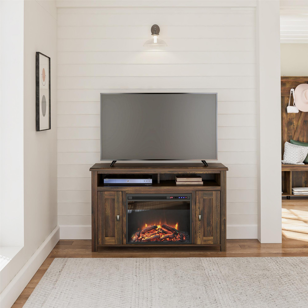 Farmhouse TV Stand With Fireplace  Open Shelves  ampSide Cabinets  Rustic Brown   Rustic   Entertainment Centers And Tv Stands   by Decorn  Houzz