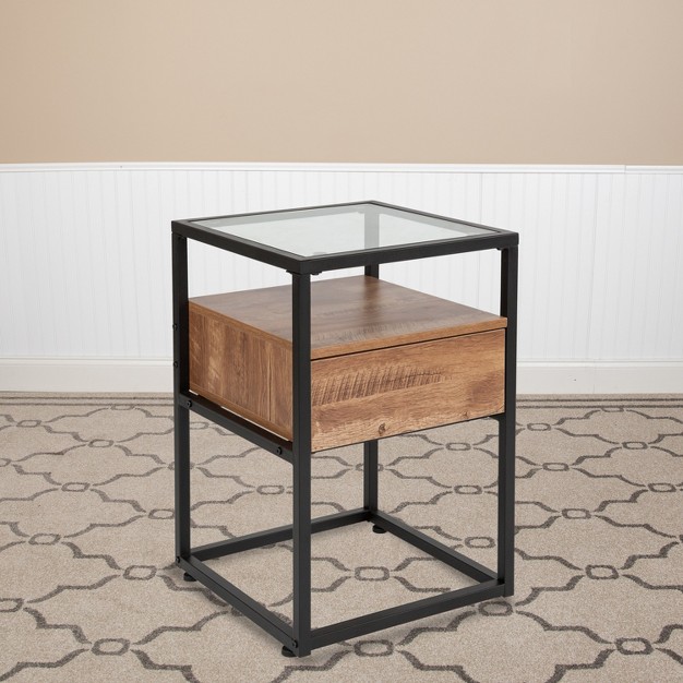 Emma And Oliver Glass End Table With Drawer And Shelf In Rustic Wood Grain Finish