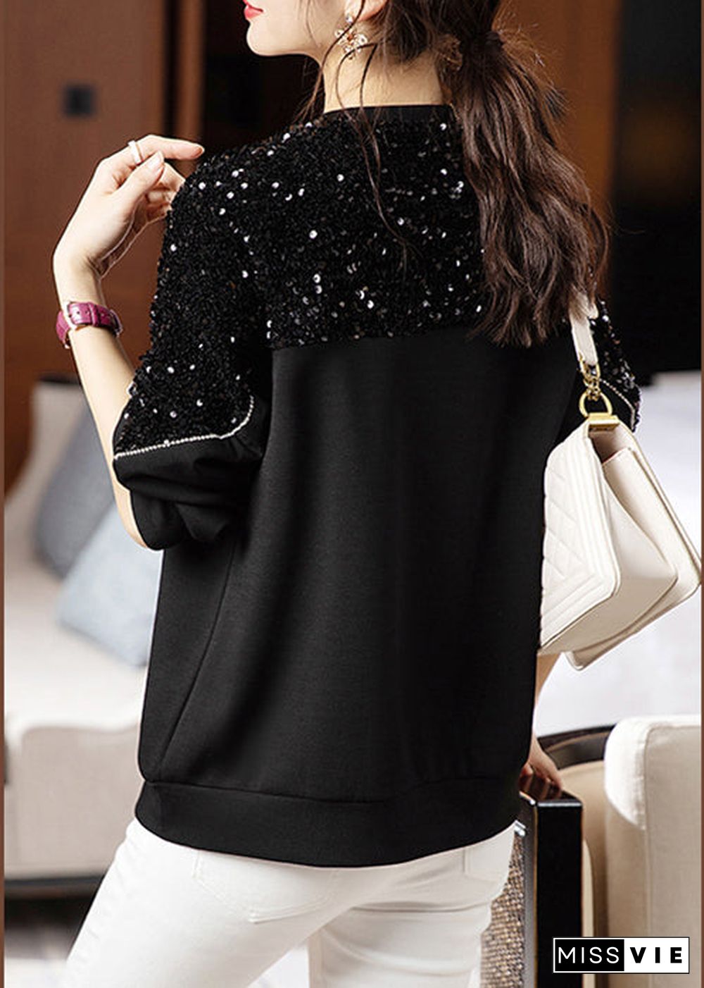 Black Patchwork Loose Cotton Sweatshirt O Neck Long Sleeve