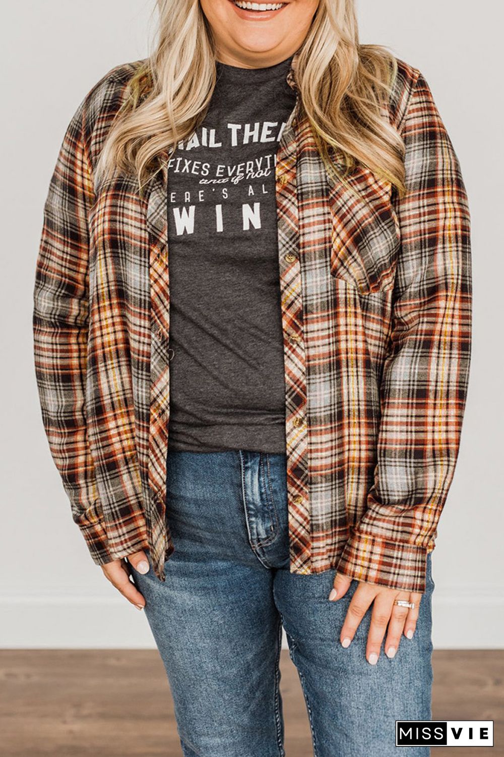 Plaid Print Button Long Sleeve Plus Size Shirt Coat