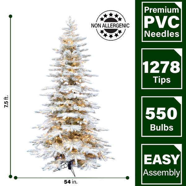 Fraser Hill Farm 7.5Ft. Flocked Pine Valley Christmas Tree with Clear LED String Lighting