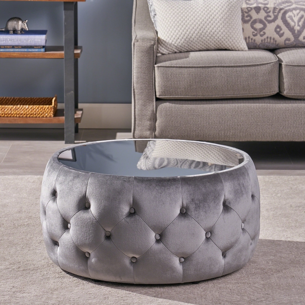 Ivy Glam Velvet and Tempered Glass Coffee Table Ottoman  Smoke  Black