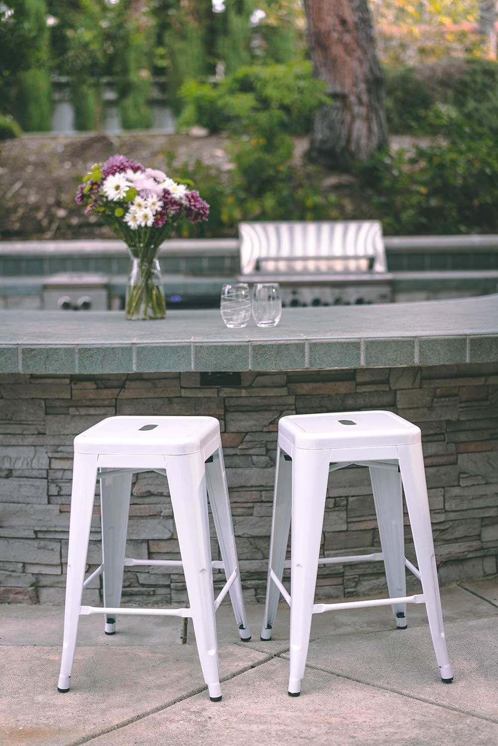 24 Inch Metal Bar stools, Backless Counter Height Barstools, Indoor Outdoor Stackable Stools with Square Seat