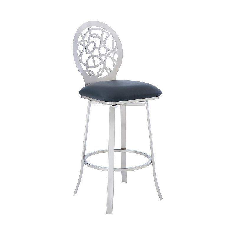 30 Inches Leatherette Barstool with Geometric Backrest， Silver