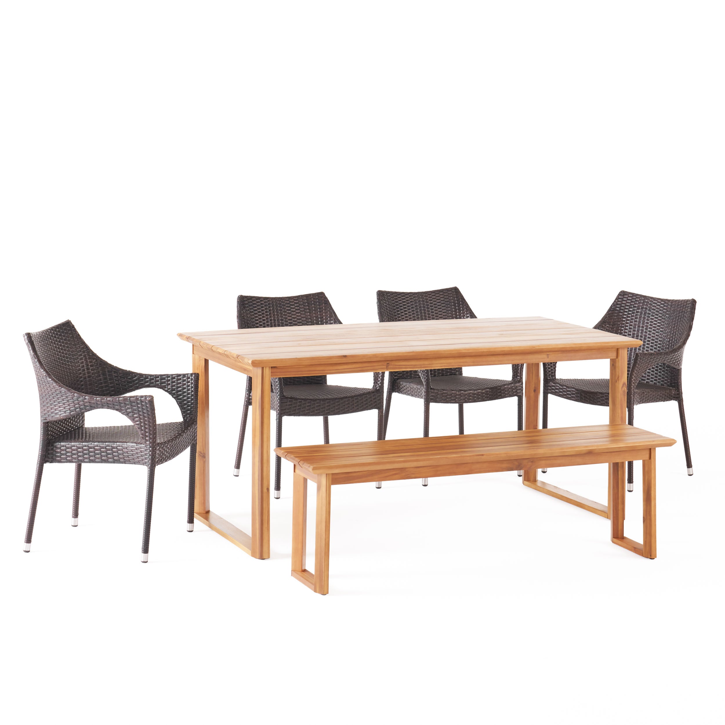 Ellendale Outdoor Acacia Wood and Wicker 6 Piece Dining Set with Bench