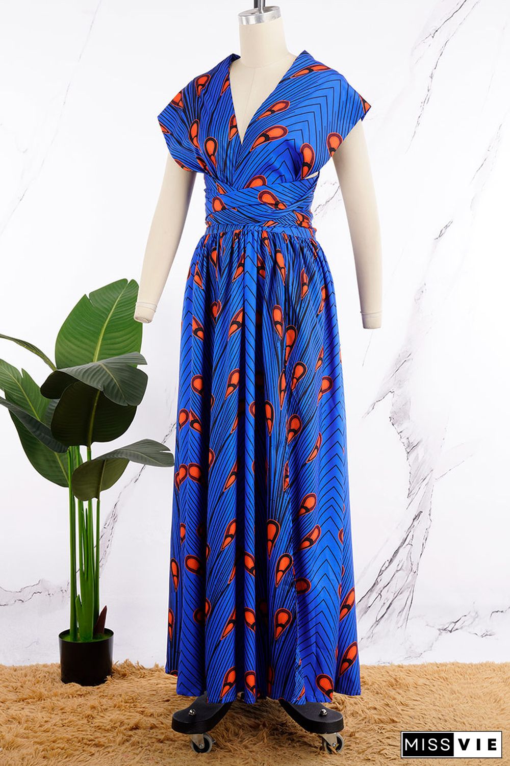 Blue Vintage Print Patchwork Backless V Neck A Line Dresses