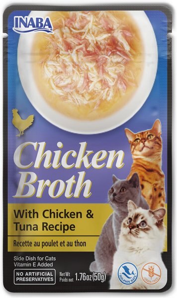 Inaba Chicken Broth Chicken and Tuna Recipe Grain-Free Cat Food Topper， 1.76-oz pouch