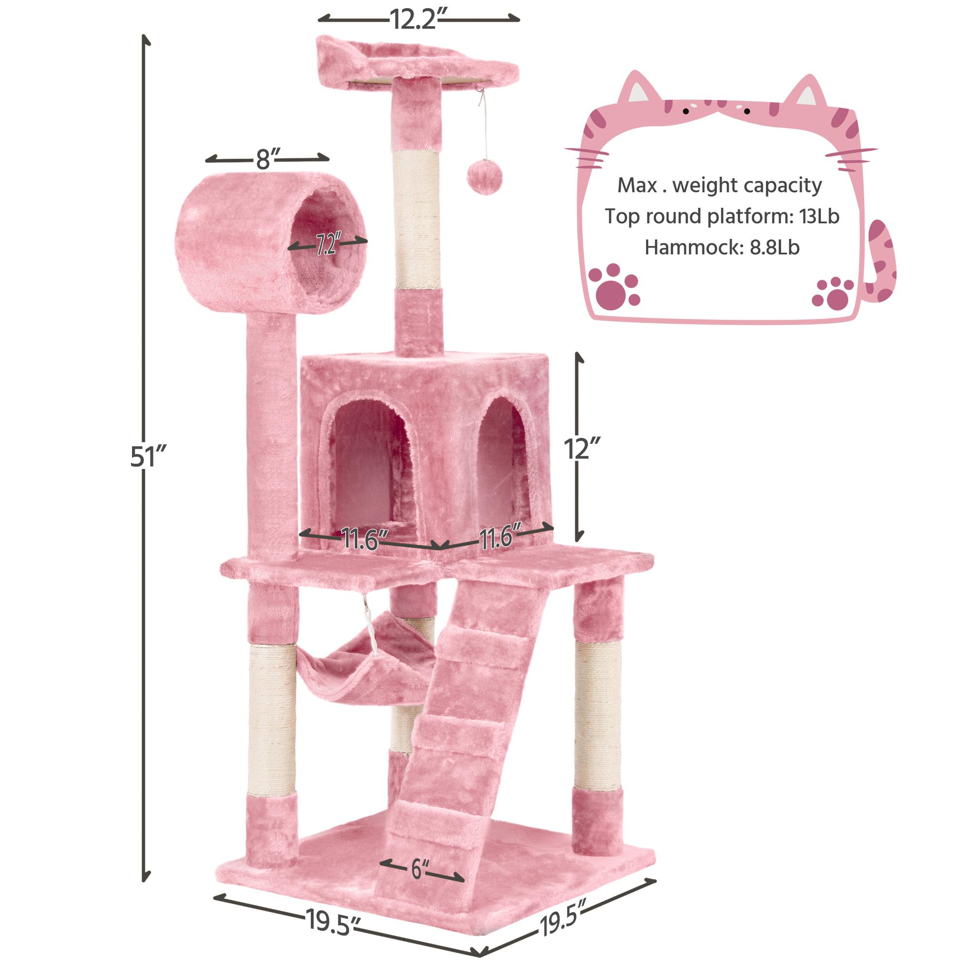 Topeakmart Pink Plush Cat Tree Condo with Hammock Tunnel， 51