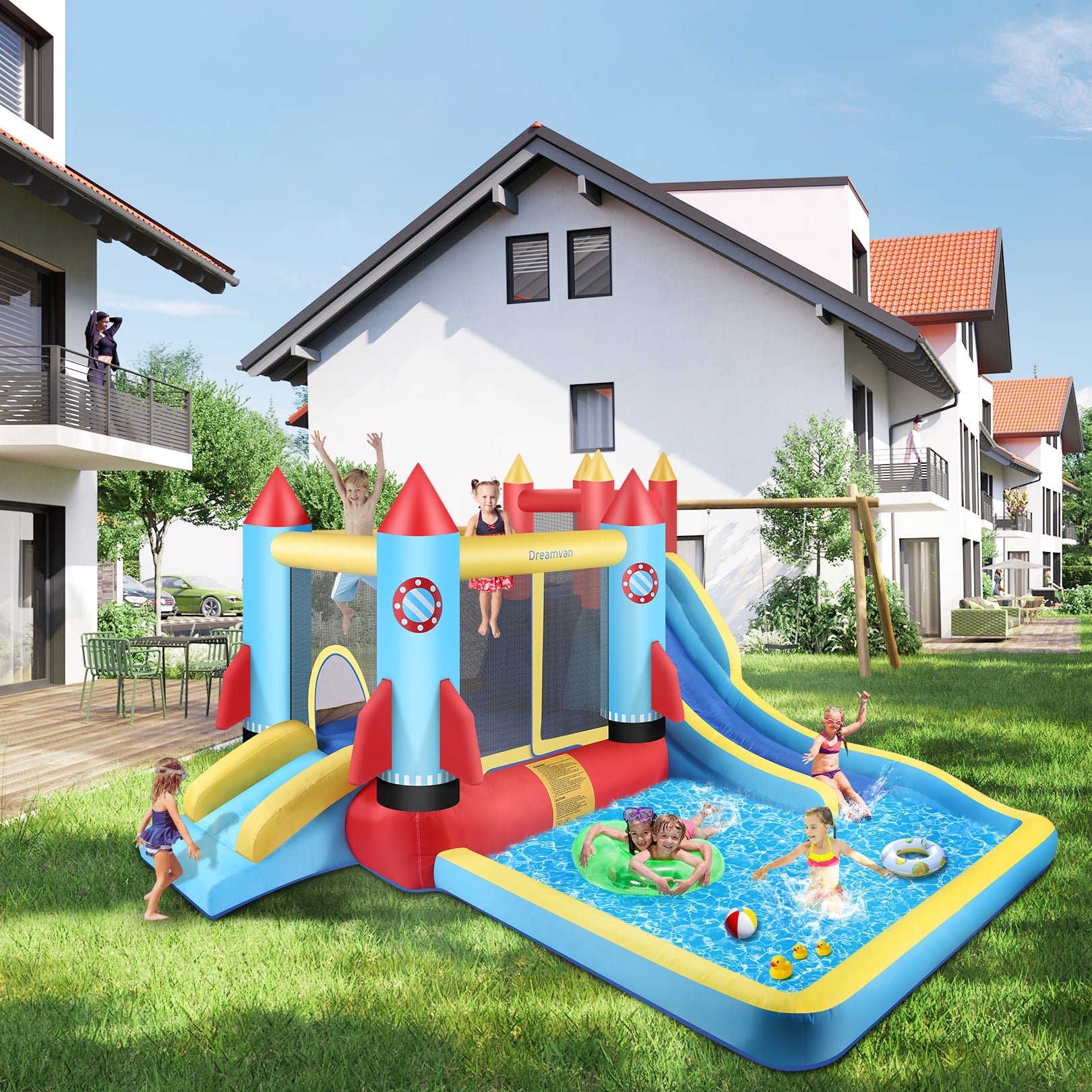 4-in-1 Children's Bounce House Giant Inflatable Slide Bouncy Castle with Large Pool, Climbing Wall, Bouncing Area,2X Long Slide PVC Inflatable Bouncers Ages 3-12 Years