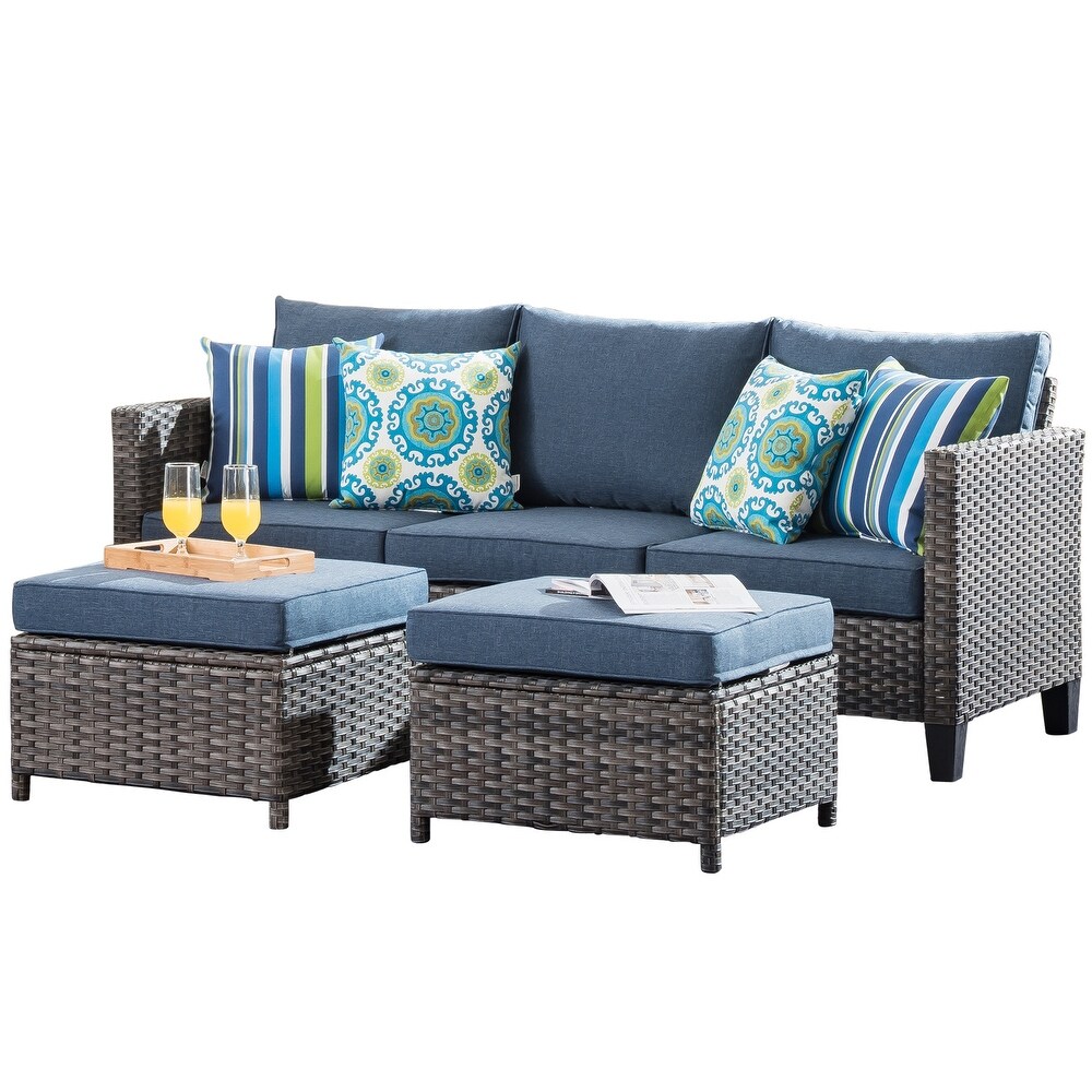 OVIOS 3 piece Outdoor High back Wicker Sectional Ottoman Set