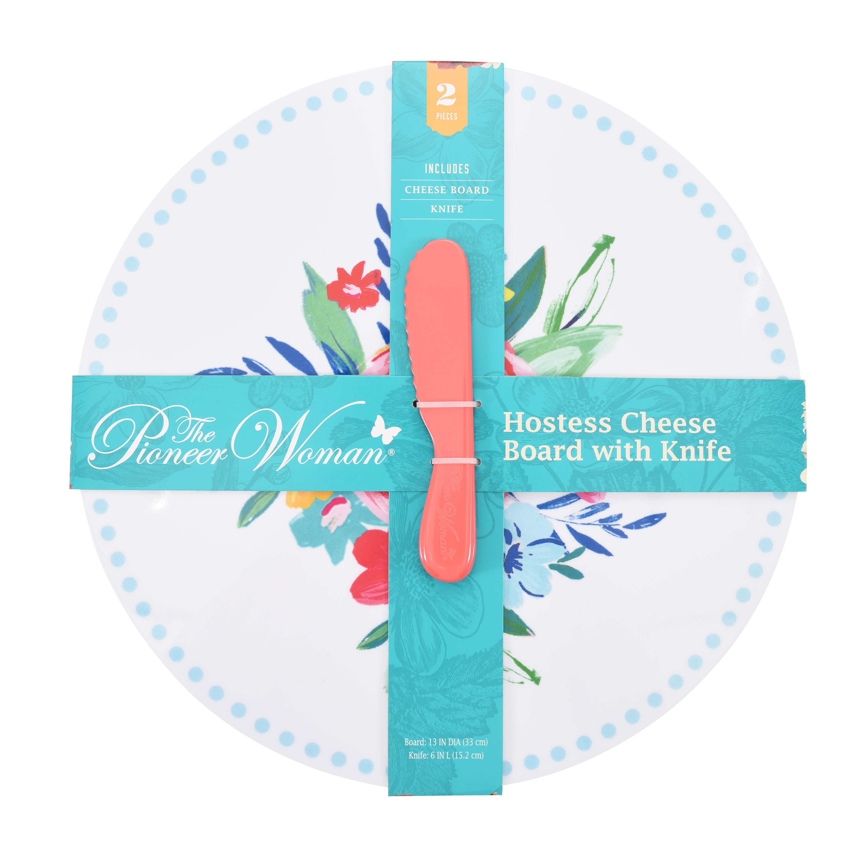 The Pioneer Woman Presentation and Cheese Board with Knife， Pink Floral