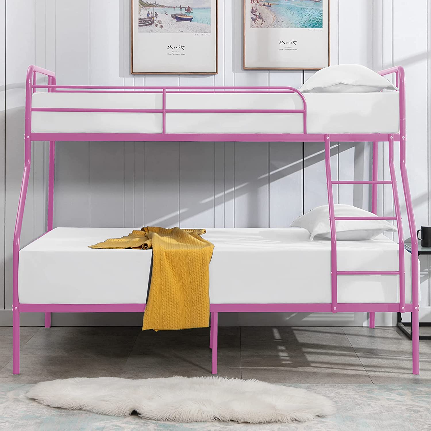 cuoote Twin Over Full Bunk Bed w/Ladder and Guardrail, Space-Saving Design, No Box Spring Needed, Pink