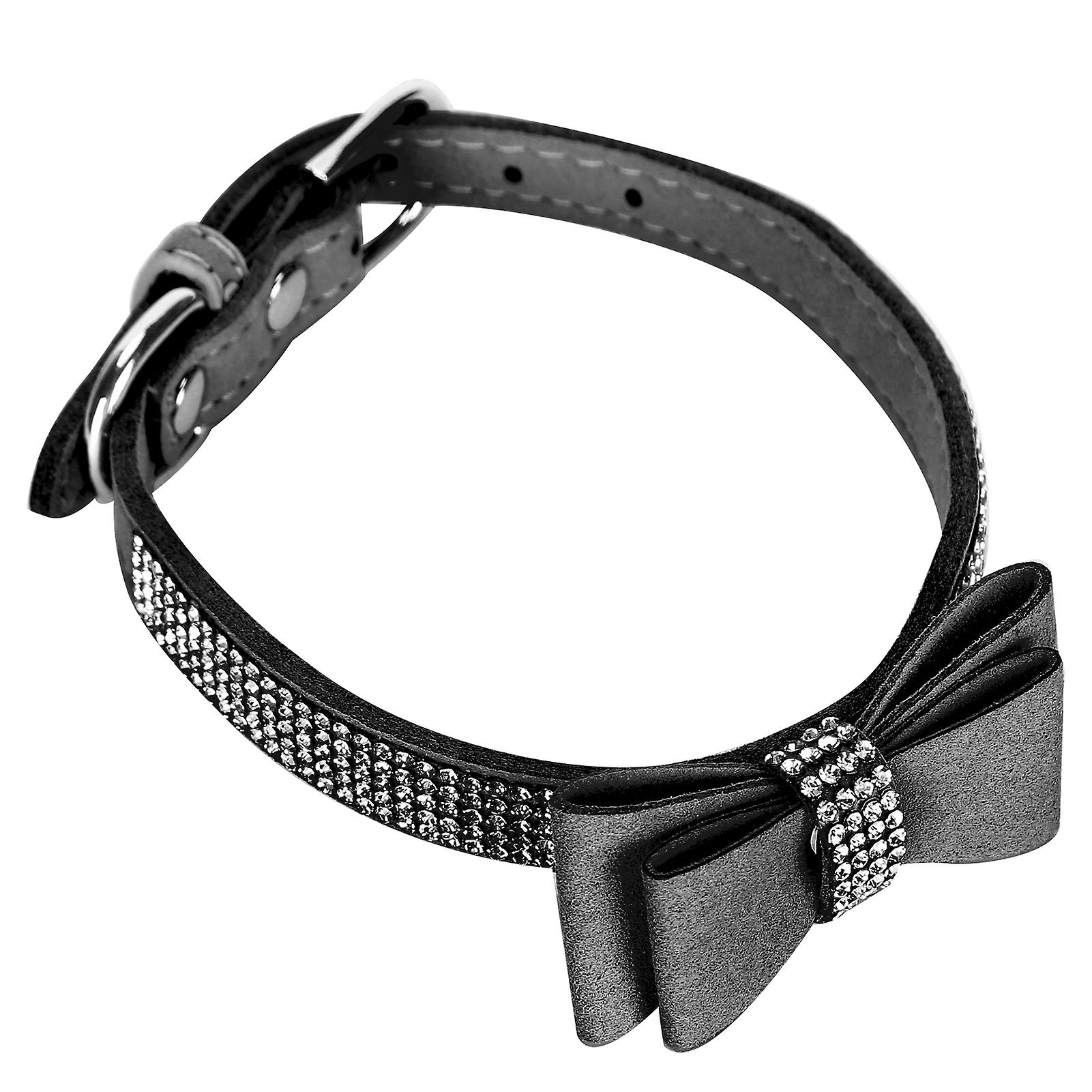 Adjustable Microfiber Double Bowknot Crystal Sparkle Rhinestone Cat Collar Pet Supplyblack M