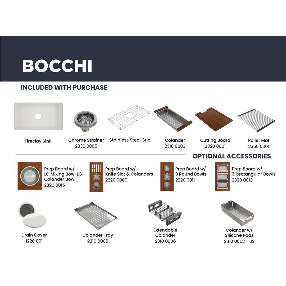 BOCCHI Sotto White Fireclay 32 in. Single Bowl Undermount Kitchen Sink wAccessories 1362-001-KIT1