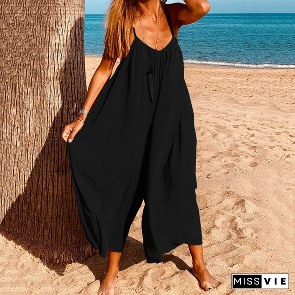 Plus Size Women Casual Loose Sleeveless Jumpsuits Spaghetti Strap Rompers Wide Leg Long Pants Trousers Pantalon Femme