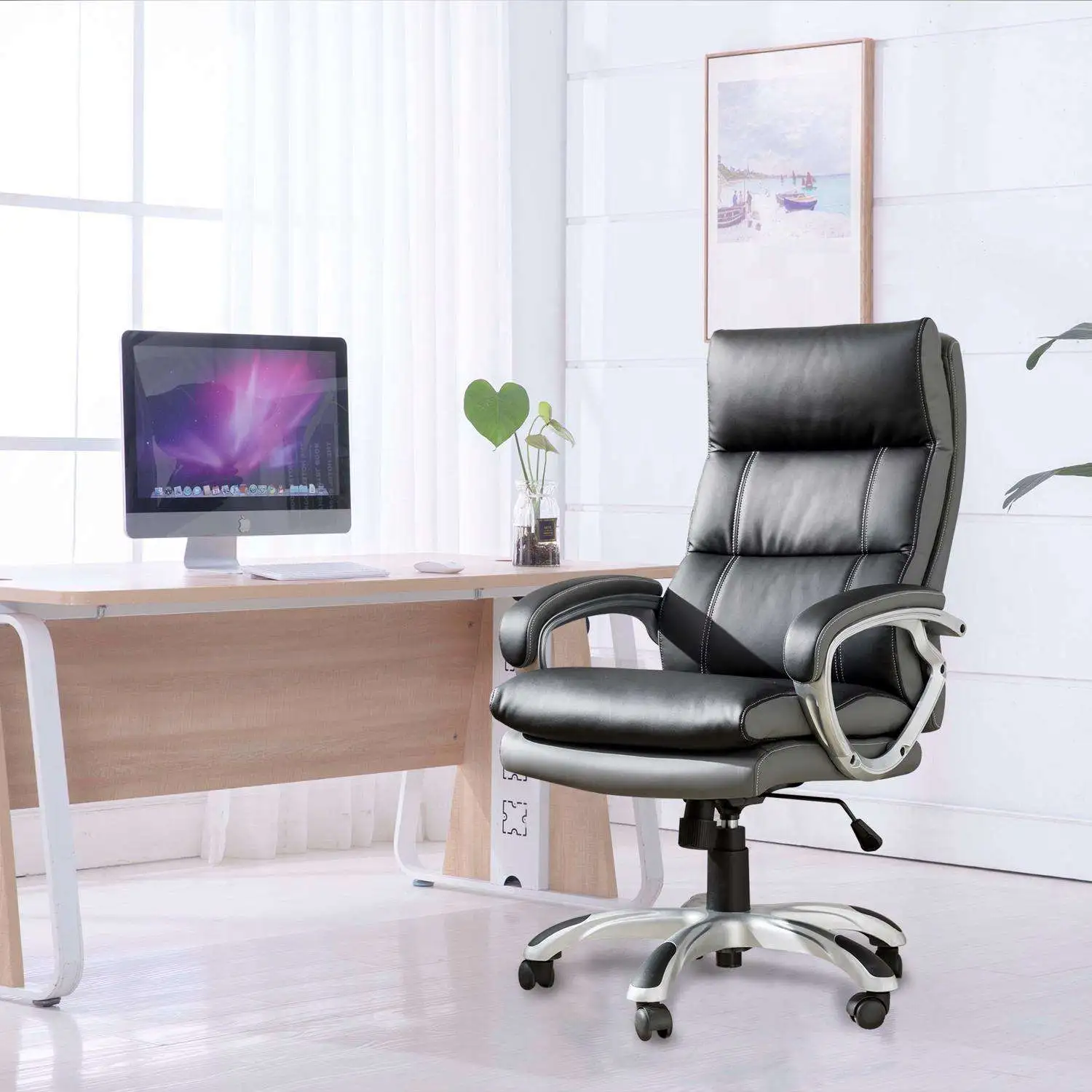 Glitzhome Black Faux Leather Office Chair