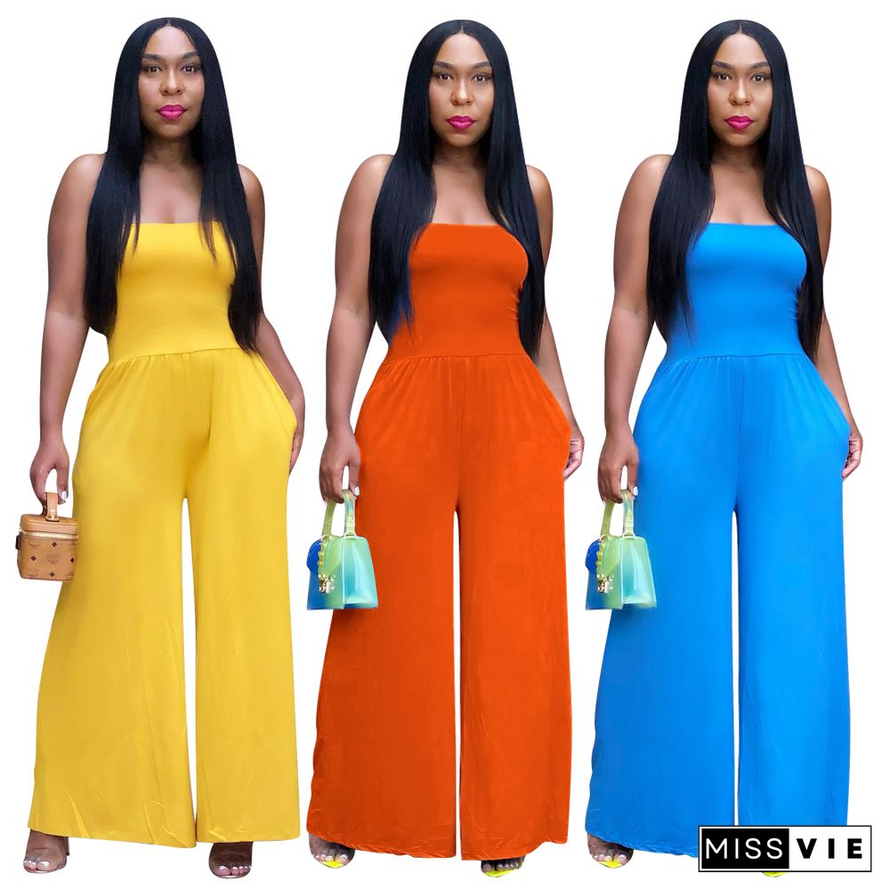 Solid Wrap Chest Sleeveless Loose Wide Leg Jumpsuits