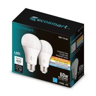 EcoSmart 60-Watt Equivalent A19 Dimmable CEC LED Light Bulb with Selectable Color Temperature (2-Pack) 11A19060W5CCT01