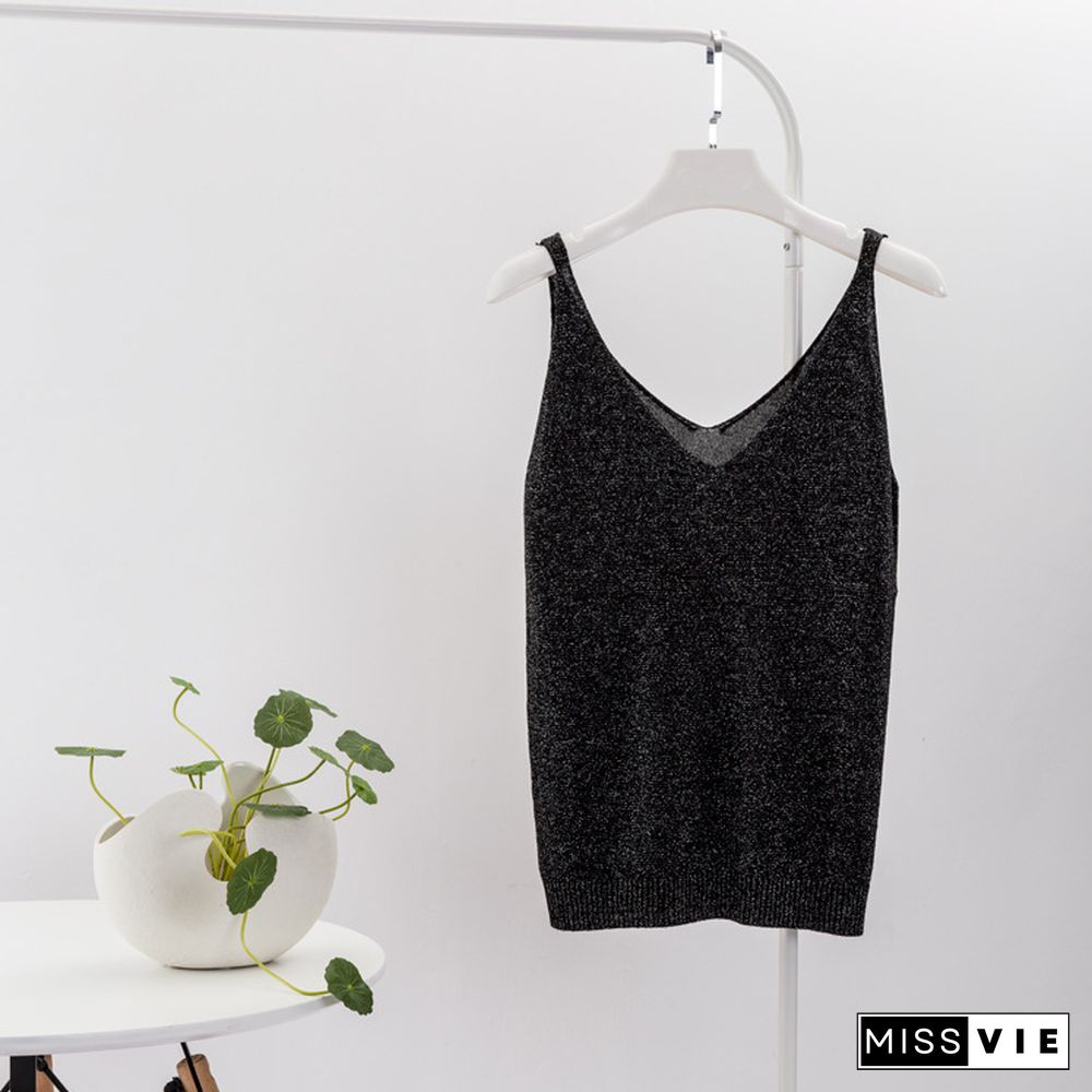 Crop Tops Women Sexy Knitted Tank Top Gold Thread Top Vest Summer Camisole Women White Tank Top Fitness Femme Camis T Shirt