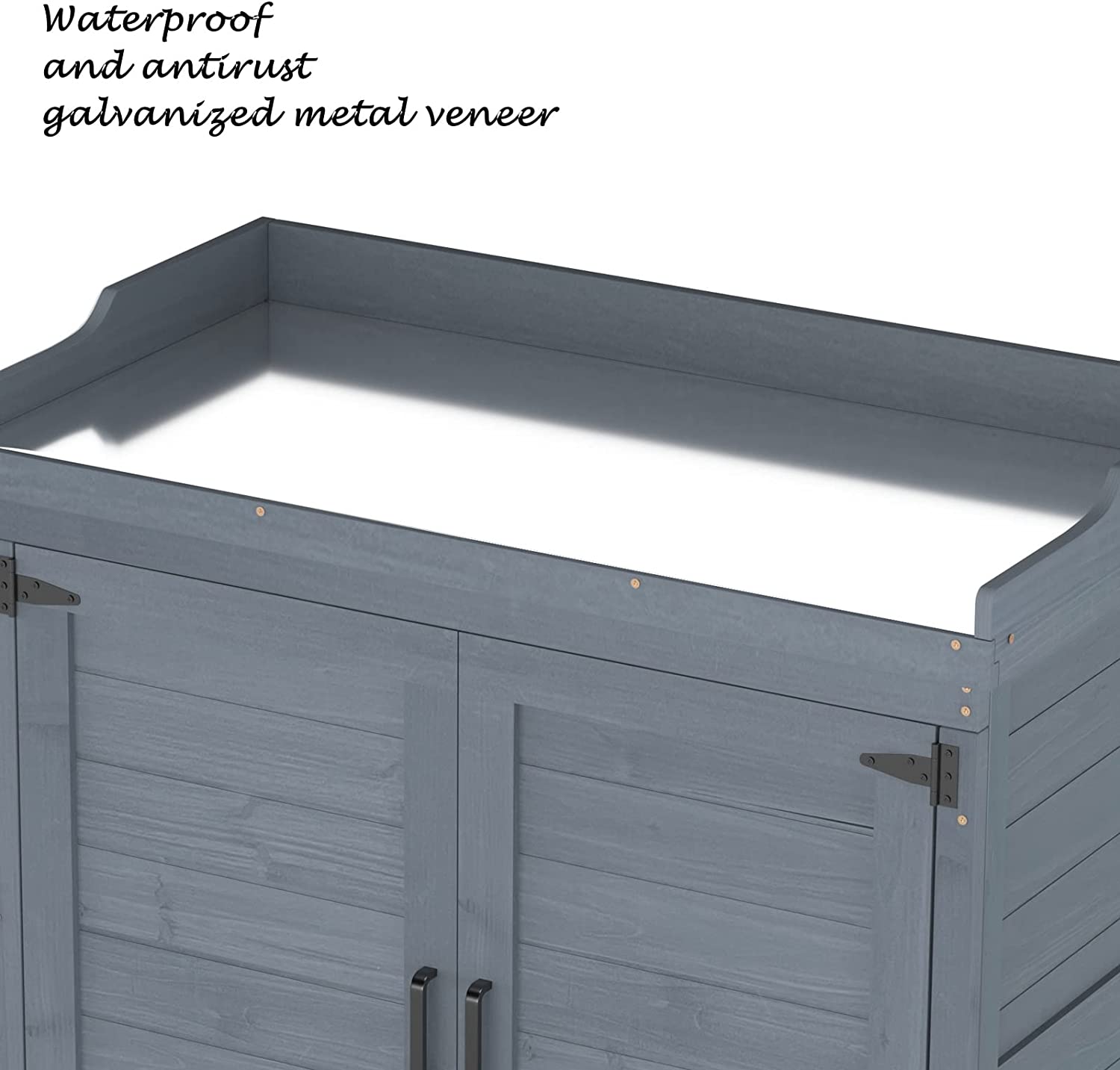 Garden Patio Wooden Storage Cabinet Furniture Waterproof Tool Shed with Potting Benches Outdoor Work Station Table (Gray)