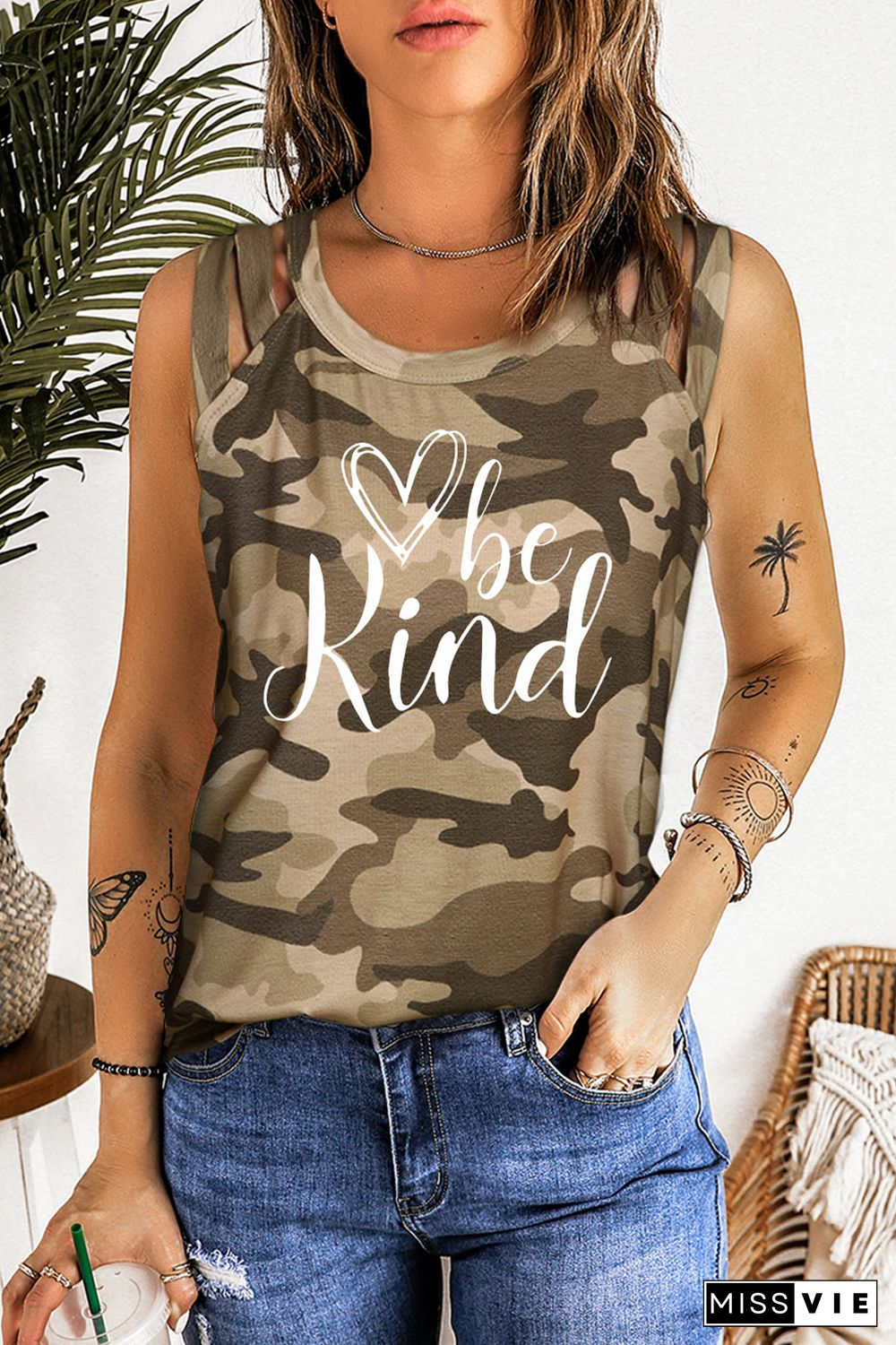 Green Be Kind Camo Crisscross Shoulder Tank Top