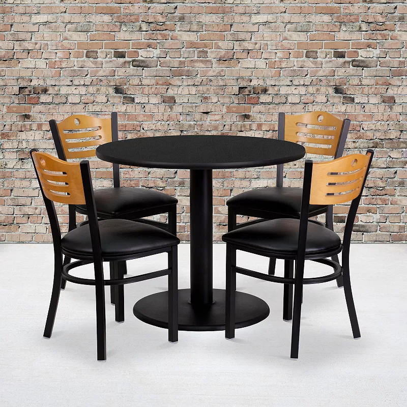 Emma and Oliver 36 Round Black Laminate Table Set， 4 Wood Slat Back Metal Chairs