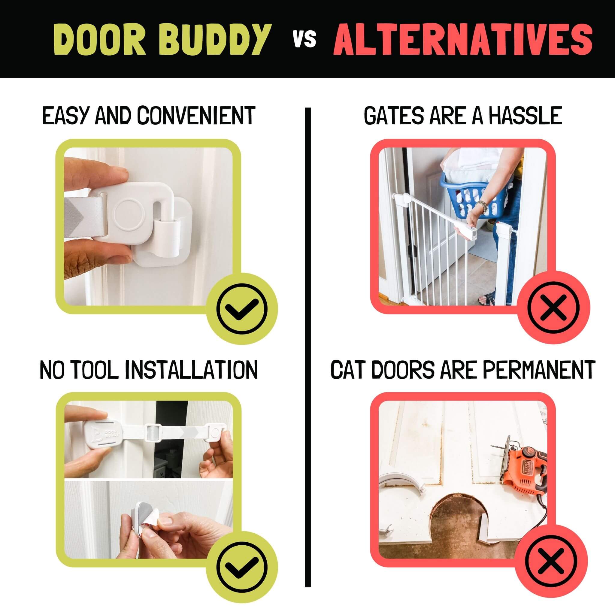 Door Buddy Adjustable Door Latch - 2 Pk. Keep Dog Out of Litter Box and Cat Food the Easy and Convenient Way.