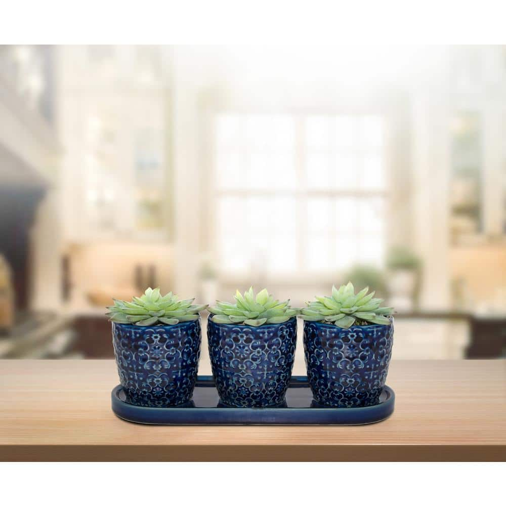 Trendspot 12 in. Blue Mediterranean Bell Ceramic Trio Planter CR00684S-120M