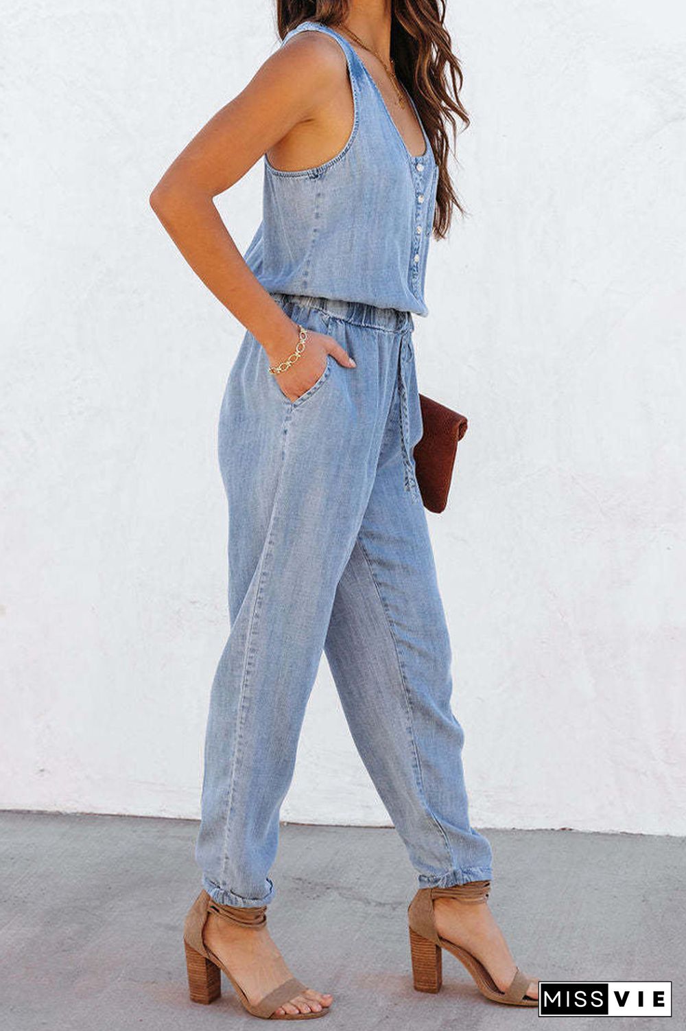 Sleeveless Denim One Piece Jumpsuit