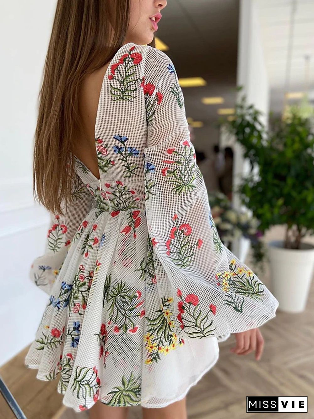 Women's A Line Dress Short Mini Dress Long Sleeve Floral Embroidered Fall Spring Elegant Vintage Lantern Sleeve Mesh White S M L XL