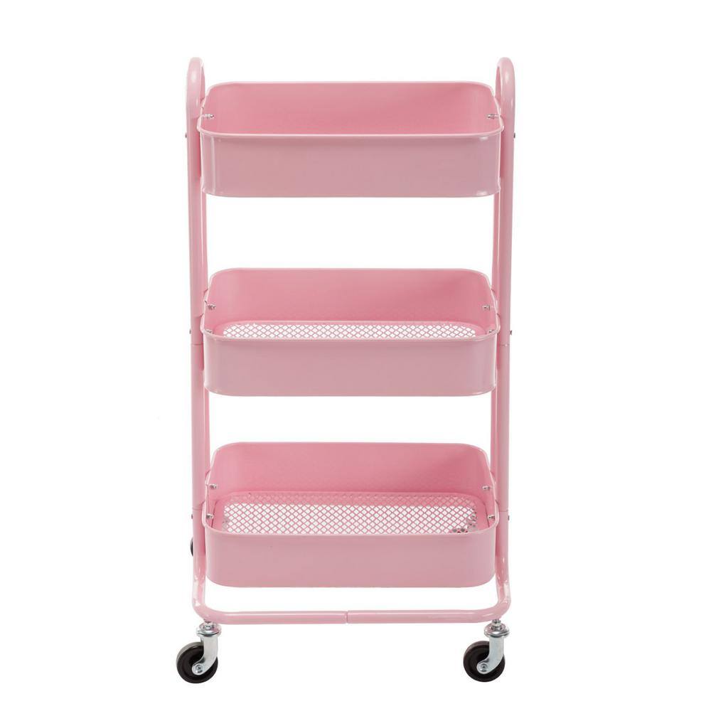 Huluwat 3-Tier Metal 4-Wheeled Shelves Storage Drawer Cart in Pink RY-TC-USBO4505